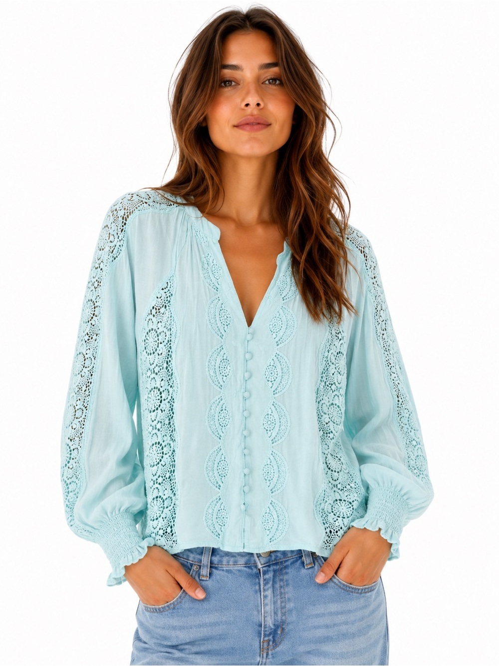 Bailey 44 Mint Crochet Lace Cotton Boho Blouse Top Size L Turquoise Mint blue